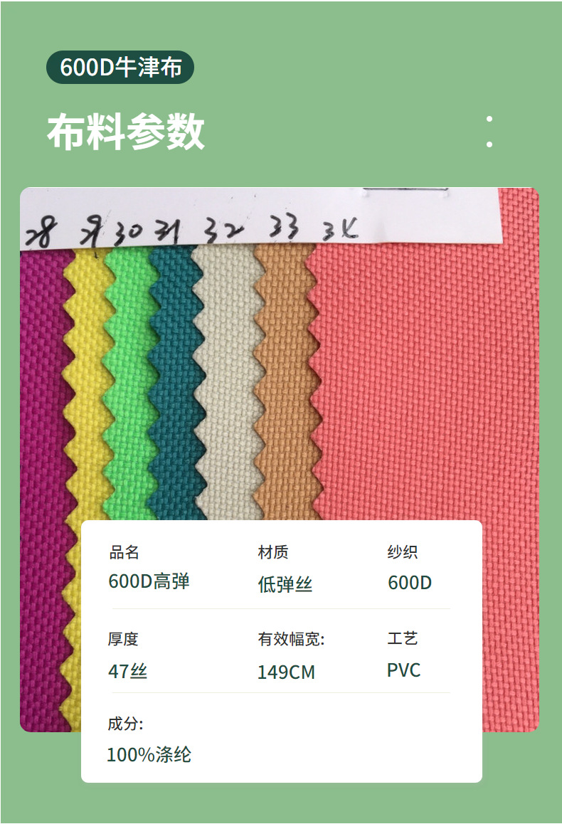 聚绸纺织现货 600D牛津布 纱织6*6平纹高弹PVC 箱包材料详情9