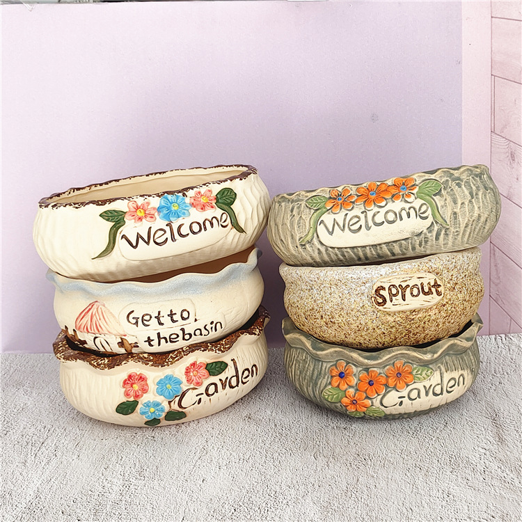 Creative large-diameter ceramic succulent pot platter combination, coarse earthenware breathable succulent group growth POTS of different diameters wholesale pic 1