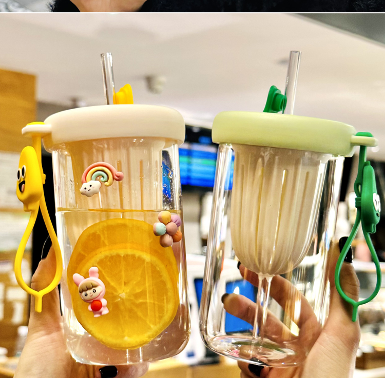 夏季新款高硼硅玻璃杯茶水分离柠檬杯可爱风水杯女生便携吸管杯子详情11