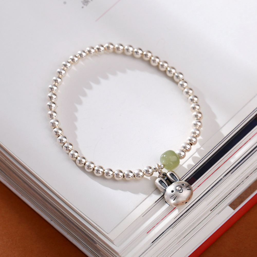 S925 sterling silver gold-plated Qingshui Hetian jade round bead bracelet for women 999 pure silver rabbit zodiac year bracelet pic 8
