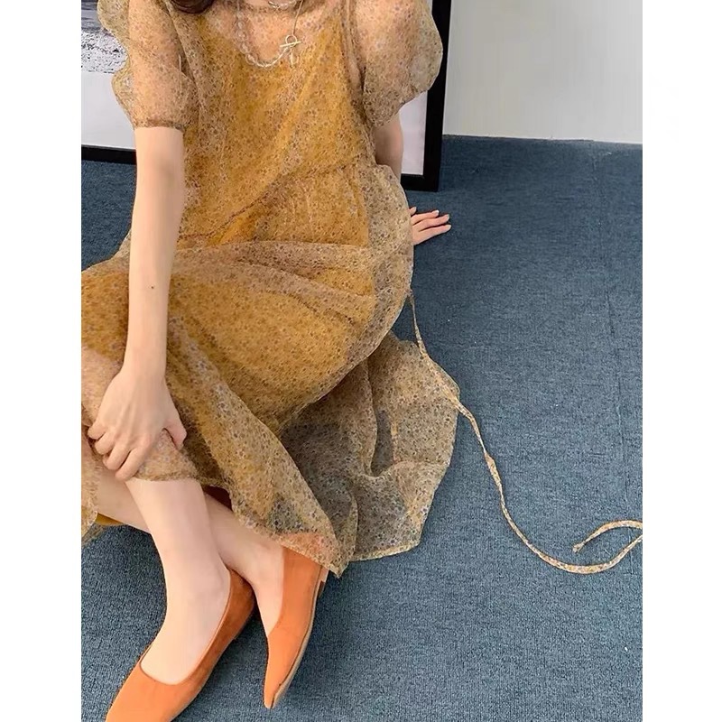 法式茶歇小碎花蓝色连衣裙女2022夏季气质宽松超仙吊带裙两件套装详情5