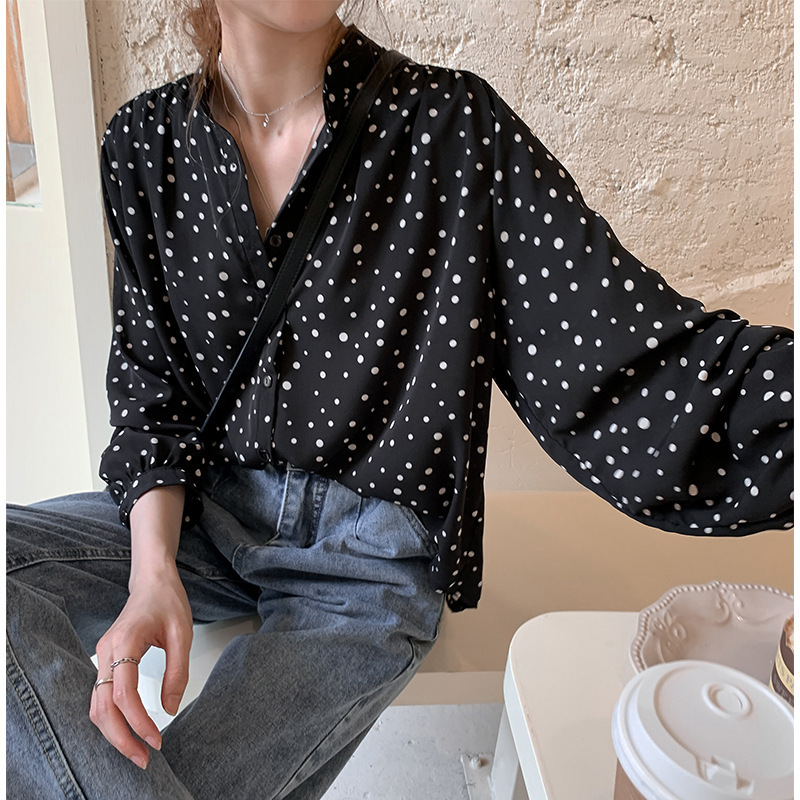 波点雪纺衬衫女2021春季韩版新款设计感时尚轻熟灯笼袖上衣打底衫详情9