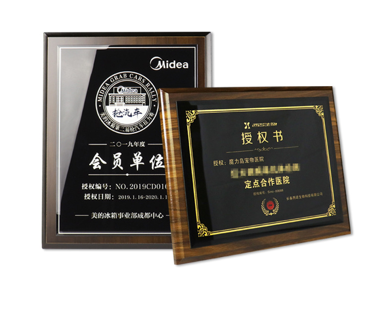 黑胡桃实木质奖牌定制定做水晶金箔高档荣誉牌匾加盟代理商授权牌详情7