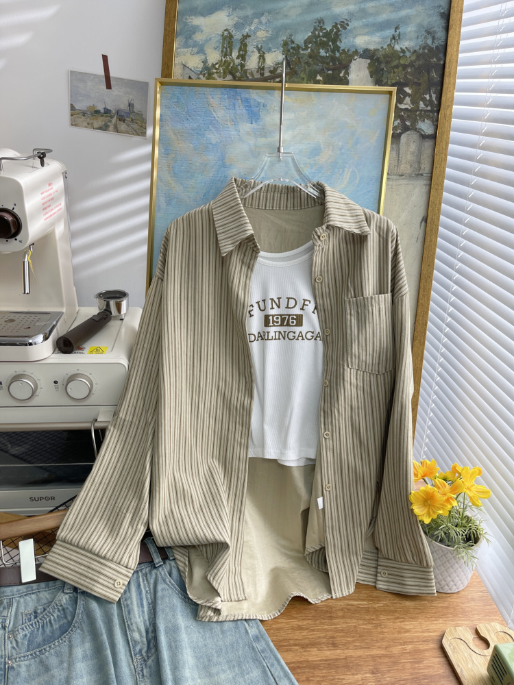 Dongdaemun, South Korea, early autumn new Korean-style vertical striped long-sleeved shirt for women, loose and casual, stylish shirt trend 4730 pic 16