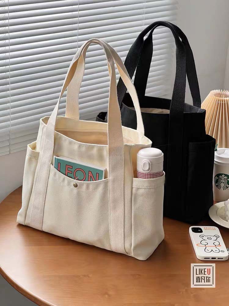 帆布包包女手提袋单肩包大学生百搭手提包通勤大容量补课袋多口袋详情30