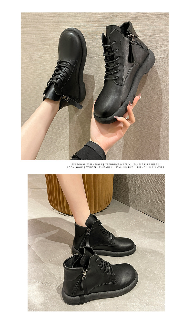 2023水洗复古真软皮马丁靴女 平底韩版双侧拉链女式皮靴子休闲女详情4