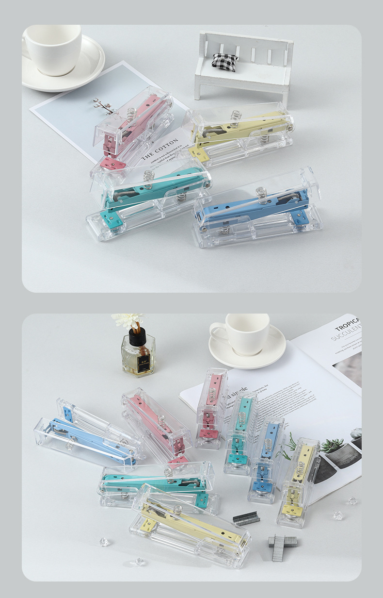 The manufacturer customizes candy-colored transparent stapler, InS-style student stapler in various sizes, and office labor-saving binding machine pic 9