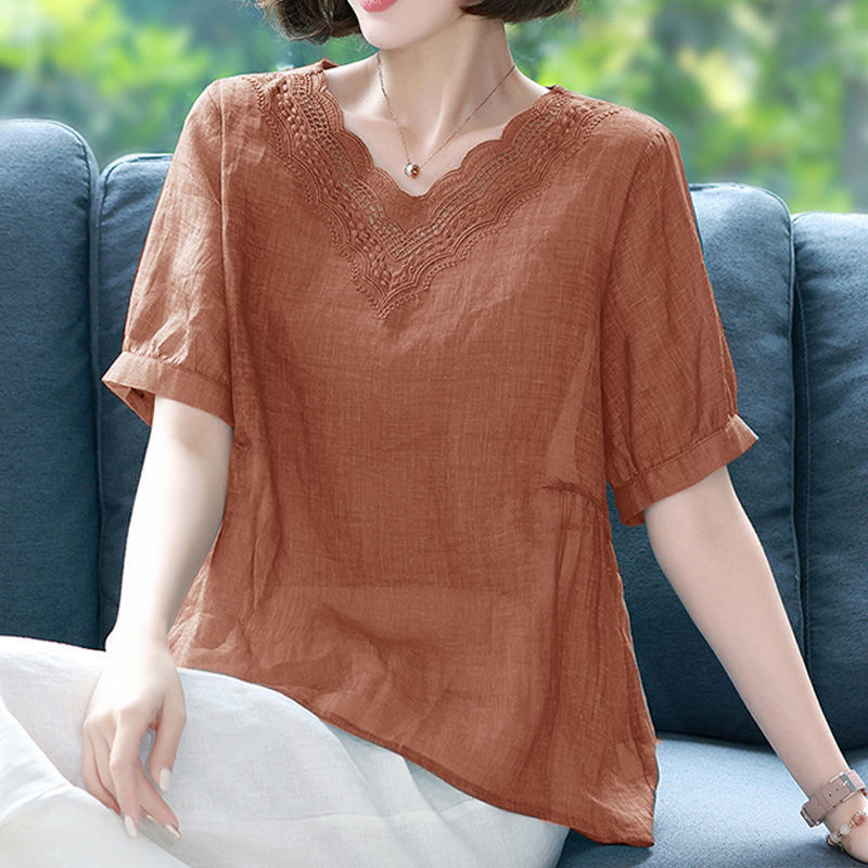 棉麻上衣女士短袖妈妈苎麻小衫夏季t恤2022新款休闲宽松亚麻衬衫详情9