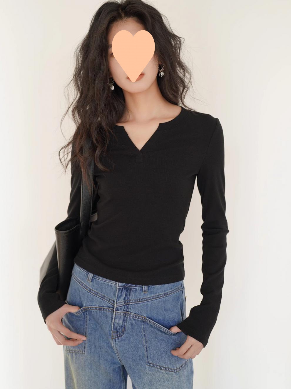 Floral grey V-neck modal base top for women, new autumn 2024 solid color slim fit paired with long-sleeved T-shirt pic 7