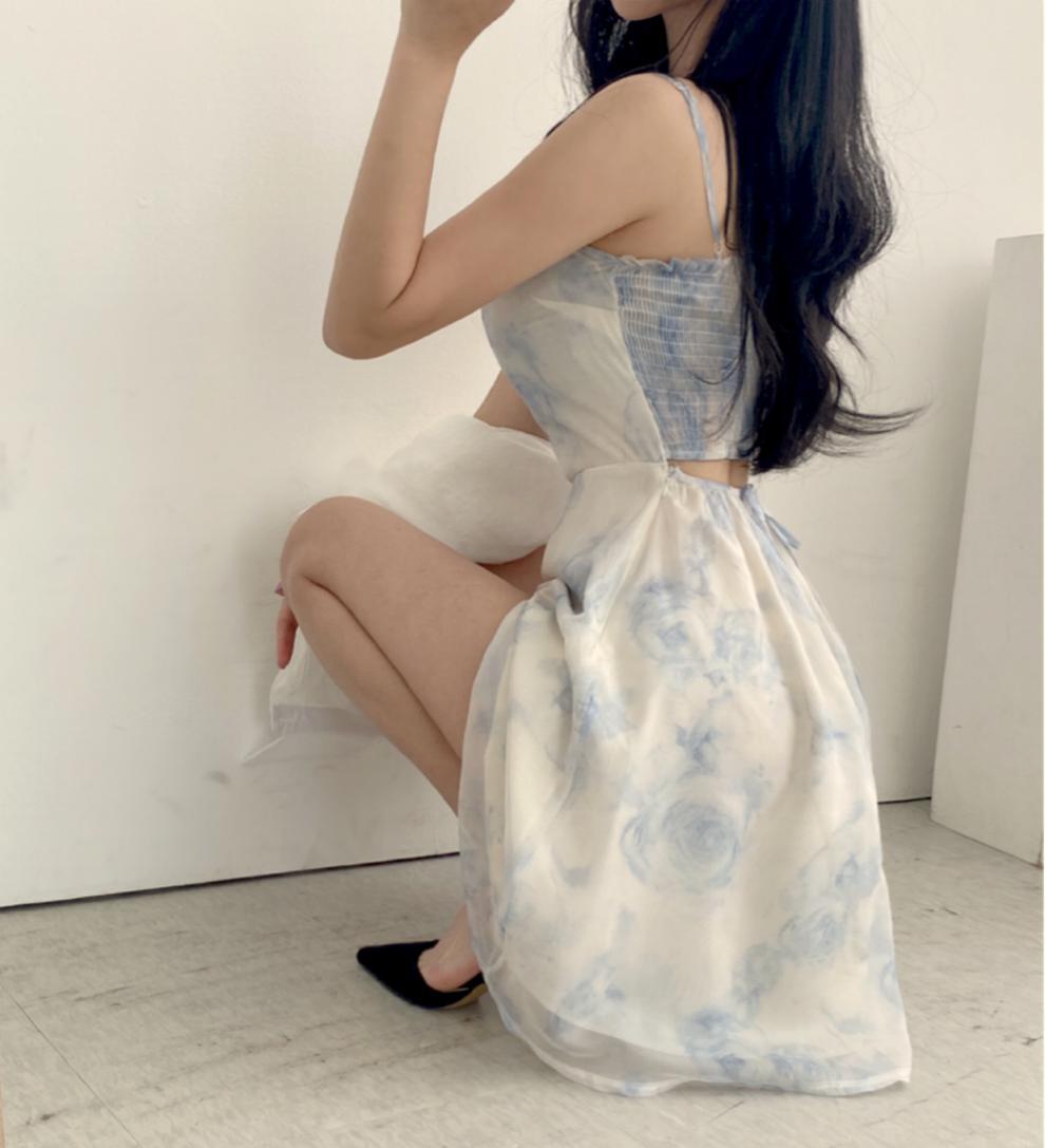 韩国chic夏季气质小清新水墨画印花镂空露背小个子雪纺吊带连衣裙详情12