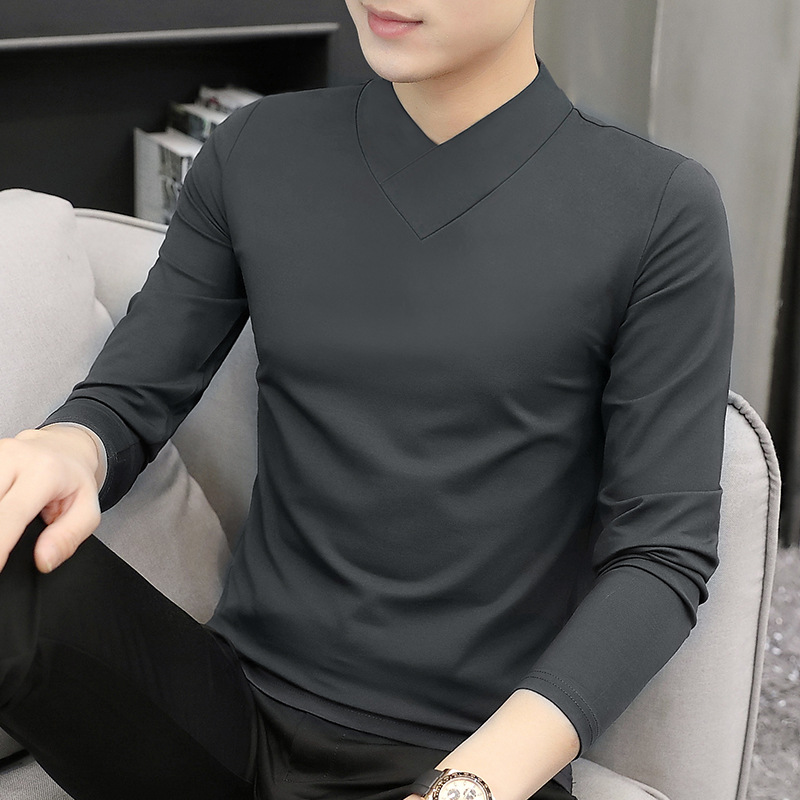 莫代尔长袖t恤男士修身型上衣春秋内搭中领青年男士半高领打底衫详情2