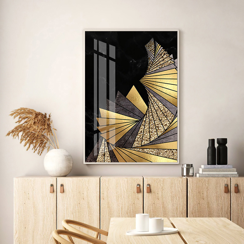 现代外贸爆款黑金色叶子抽象几何轻奢客厅卧室海报晶瓷装饰画海外详情3