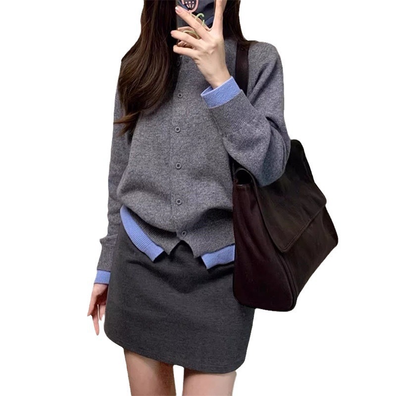 Umi+韩版灰色软糯假两件针织衫女2025春季新款气质休闲毛衣外套详情7