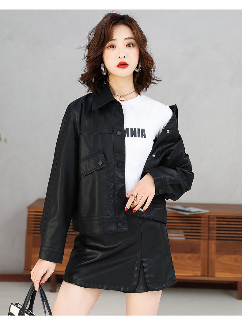 2022春秋装新款女式PU皮衣时尚翻领单排扣小个子帅气机车服短外套详情17