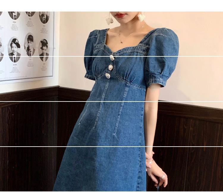 大码可盐可甜法式复古方领高腰牛仔连衣裙夏女小个子微胖甜美短裙详情9