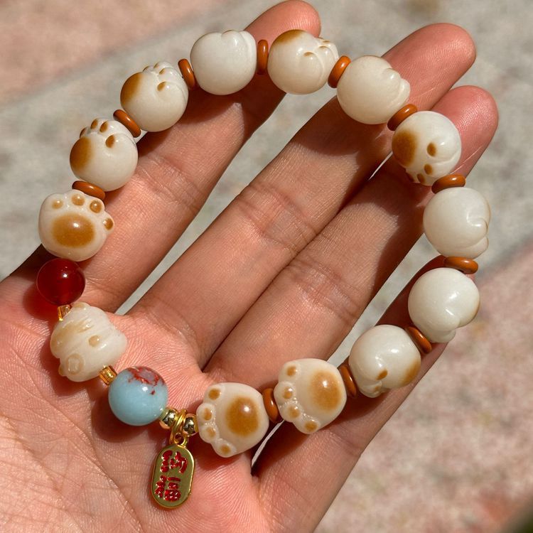 Charcoal-burned cat paw cat bracelet, female imitation white jade Bodhi seed, playful, soft Bodhi hand-held bracelet, live-streaming accessory pic 13