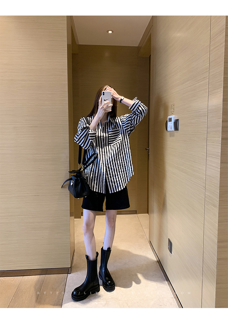 A new design of a trendy striped shirt for women, a loose Hong Kong-style shirt as a base layer pic 5