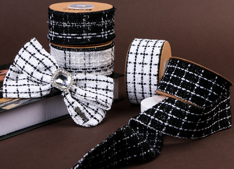Korean-style chanel-style cotton and linen checkered, gold and silver thread, scallion ribbon DIY bow hair accessory, shoes, hats, clothing, cuff trims pic 3