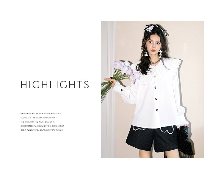 The new long-sleeved white shirt for women in the autumn of 2023, with lace trim and a doll-neck design, is a stylish shirt for women pic 15