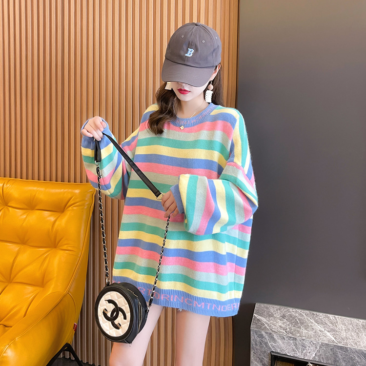 新款韩版2021秋冬条纹毛衣女潮学生休闲内搭上衣时尚女装外套批发详情4