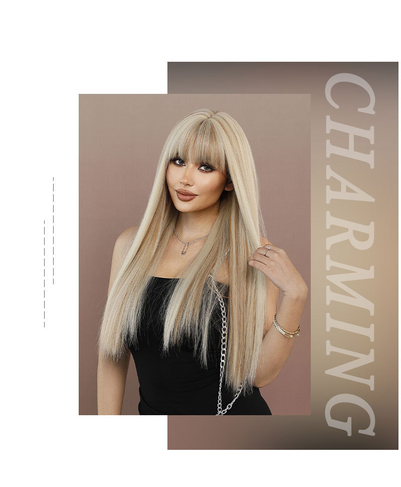 A cross-border Wig blogger on Xiaohongshu, a wig for women with long straight hair, highlights dyed beige lolita, and a full synthetic fiber wig pic 18