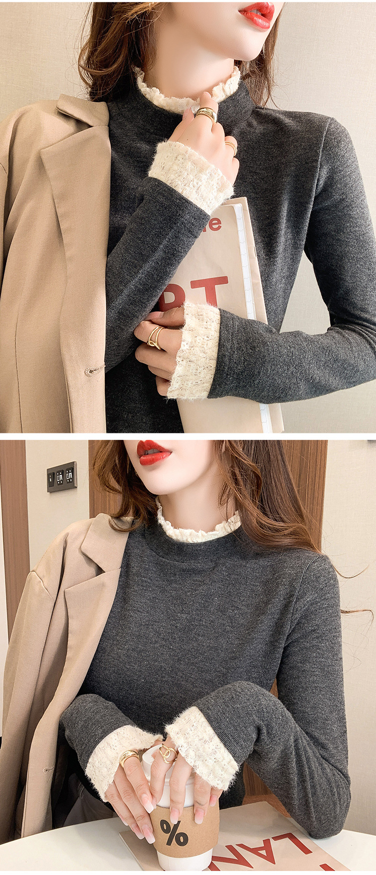 Lace semi-high neck fleece base layer shirt for women, versatile for autumn and winter 2022 new style fleece long-sleeved stylish inner layer top pic 11