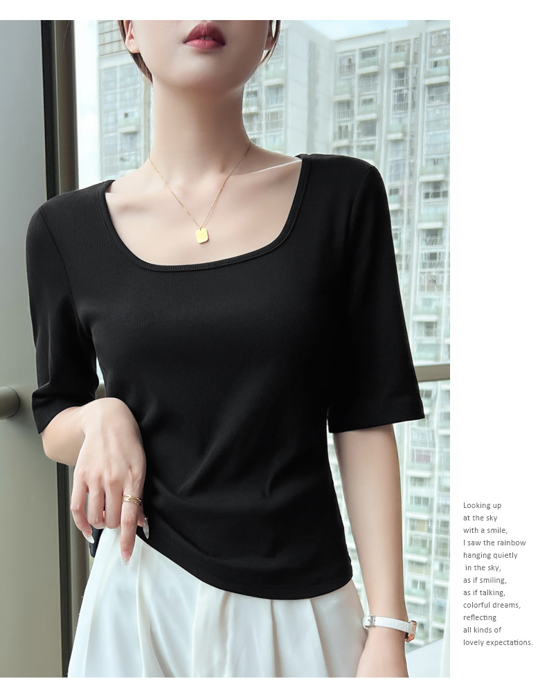 This 2023 autumn new slimming and elegant base layer T-shirt is versatile for daily use, fitted, simple and stylish, with a square neck and mid-sleeved shirt for women pic 23