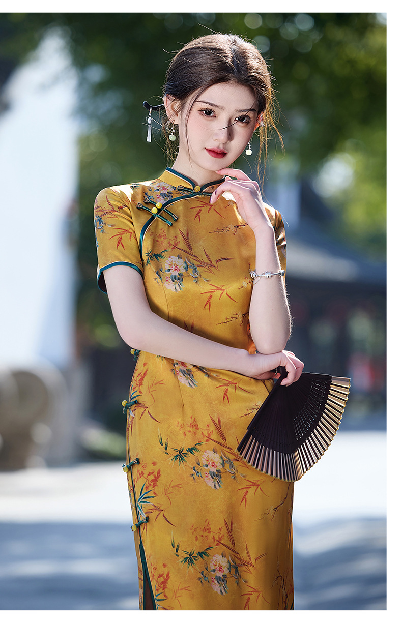 国潮春夏黄色醋酸双层长款优雅复古改良民国风气质修身名媛旗袍裙详情12