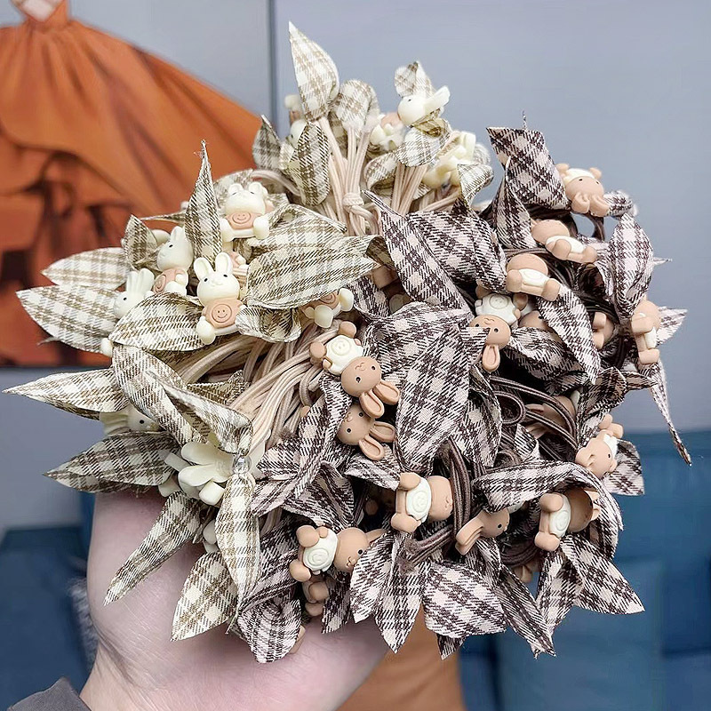 本命兔年格子头绳布艺蝴蝶结发绳韩国奶茶色气质橡皮筋甜美发饰品详情4