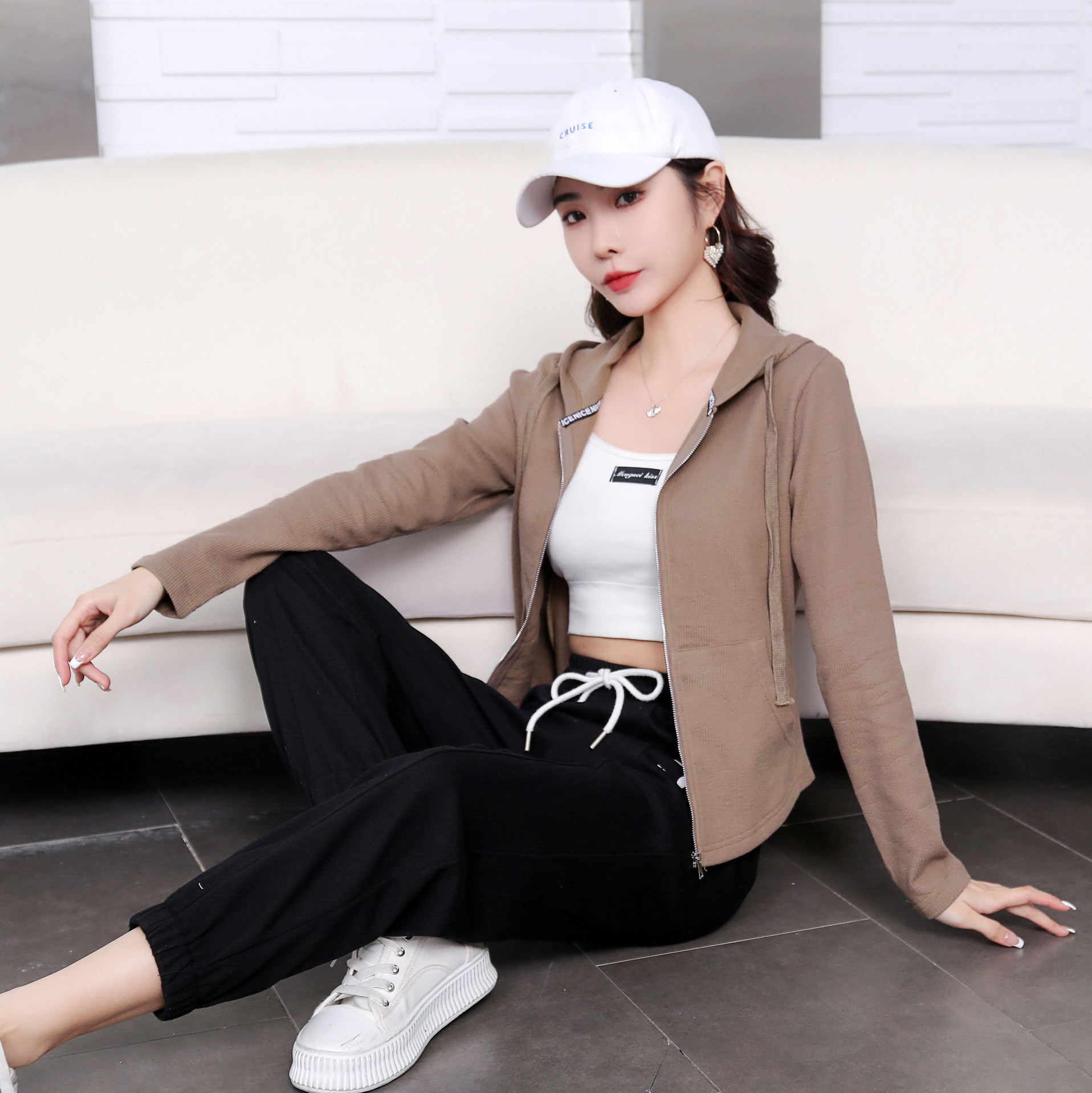Early spring pure cotton fashionable casual set for women, loose, sporty and slimming straight-leg high-waisted wide-leg pants, zipper hooded jacket pic 61