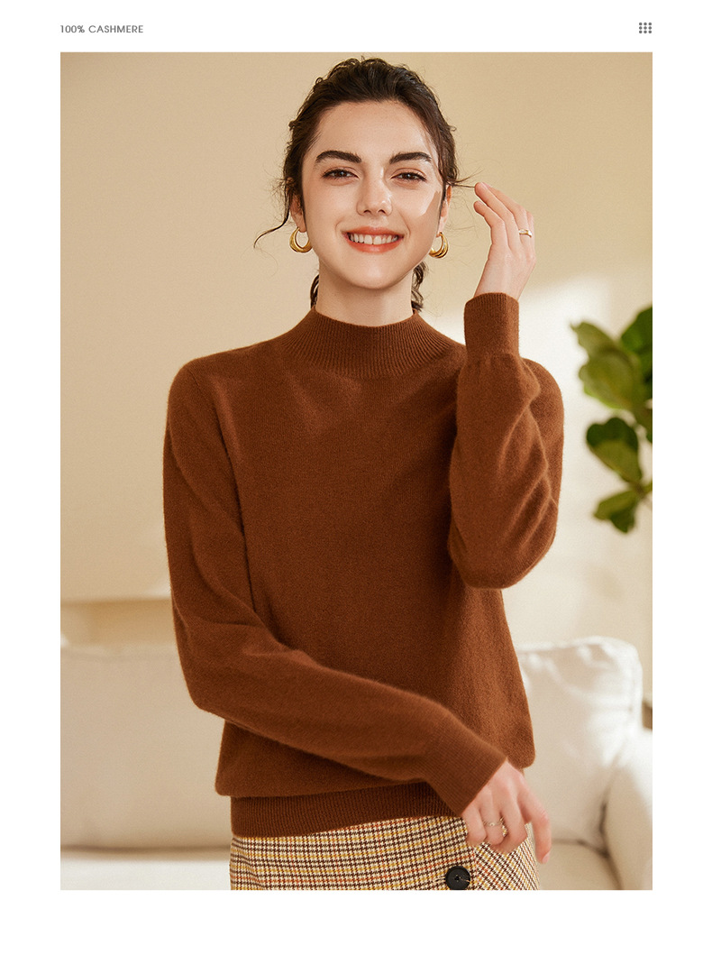 女式羊绒衫100%纯山羊绒秋冬新款半高领一线成衣无缝针织打底毛衣详情30