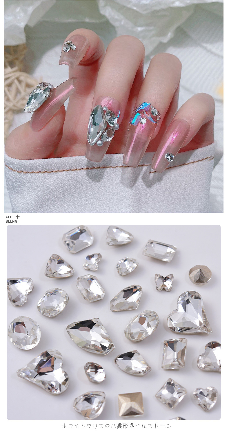 Wholesale nail accessories: transparent pointed bottom diamond, super shiny, large crooked heart, axe, water drop, fat square butterfly, white diamond nail accessories pic 3