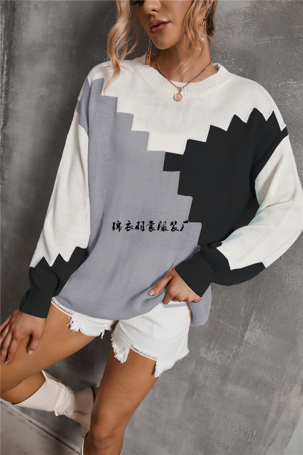 New Spring collection for 2025: European and American foreign trade fashion and individuality, patchwork round neck, large size loose knitted sweater, long-sleeved sweater for women pic 34