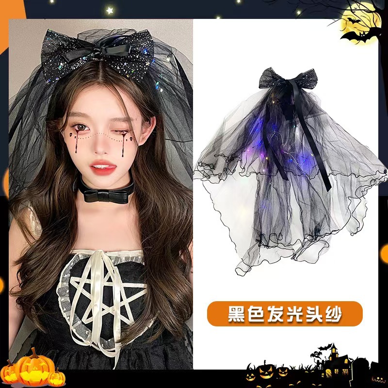 Retro Halloween black double-layer luminous bow veil photo headwear and veil pic 6