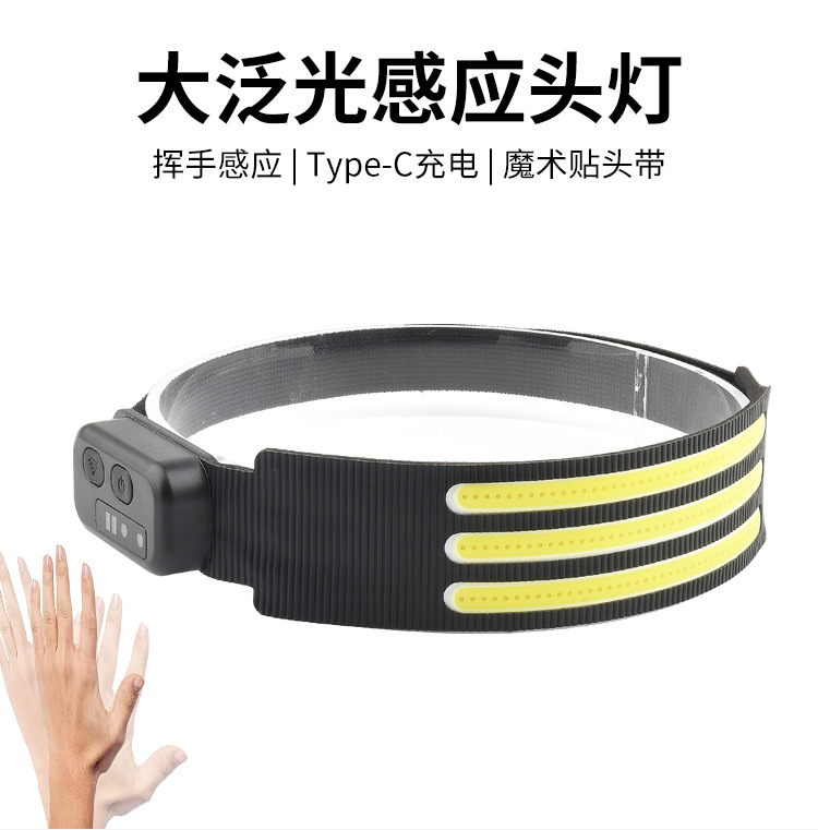 New hand-waving sensor TYPE-C rechargeable headlamp, outdoor strong light COB head-mounted cycling and running red and blue light pic 1