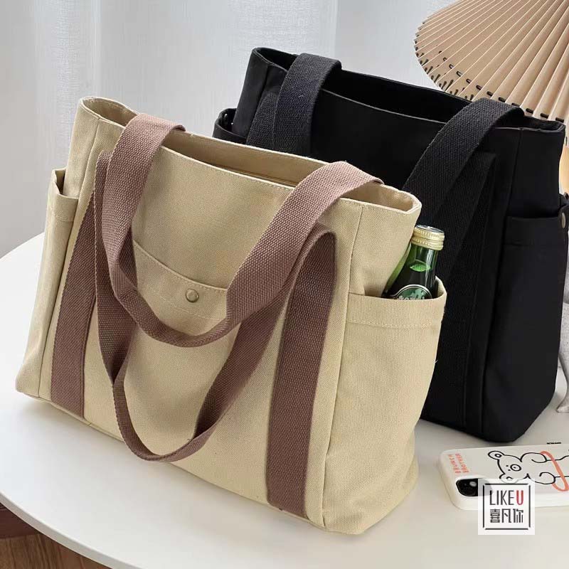 帆布包包女手提袋单肩包大学生百搭手提包通勤大容量补课袋多口袋详情40