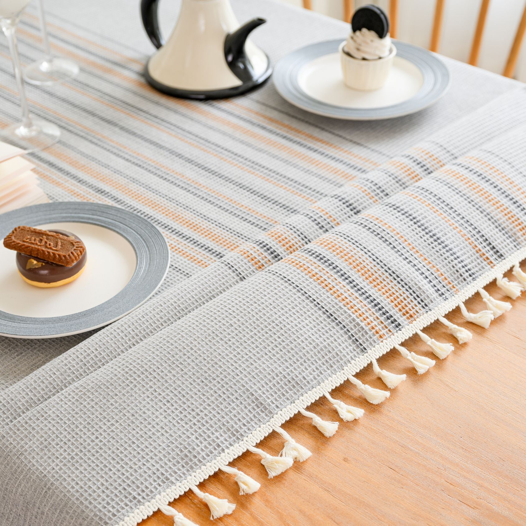 Wholesale of American-style country solid-color household rectangular table fabric, soft and breathable waffle striped coffee table cover fabric pic 5