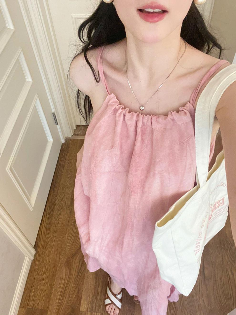 亚麻吊带连衣裙女宽松显瘦纯色大摆裙褶皱无袖削肩长裙A字裙详情1