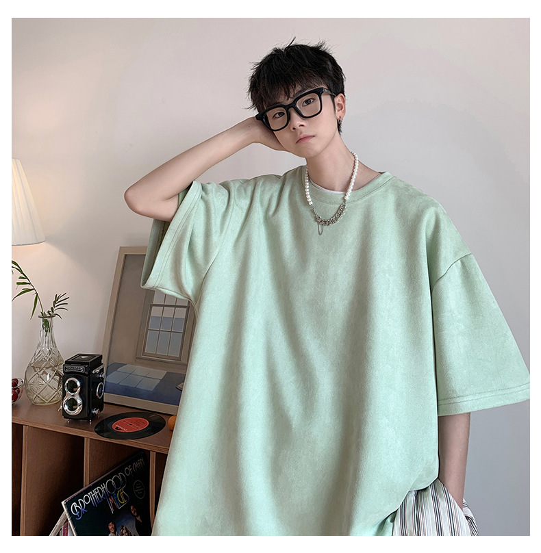 麂皮纯色短袖T恤男2023夏季质感半袖宽松t恤圆领半袖衣服青少年详情23