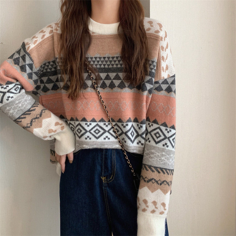 2023秋季新款复古休闲百搭慵懒风套头圆领针织毛衣女撞色针织上衣详情11