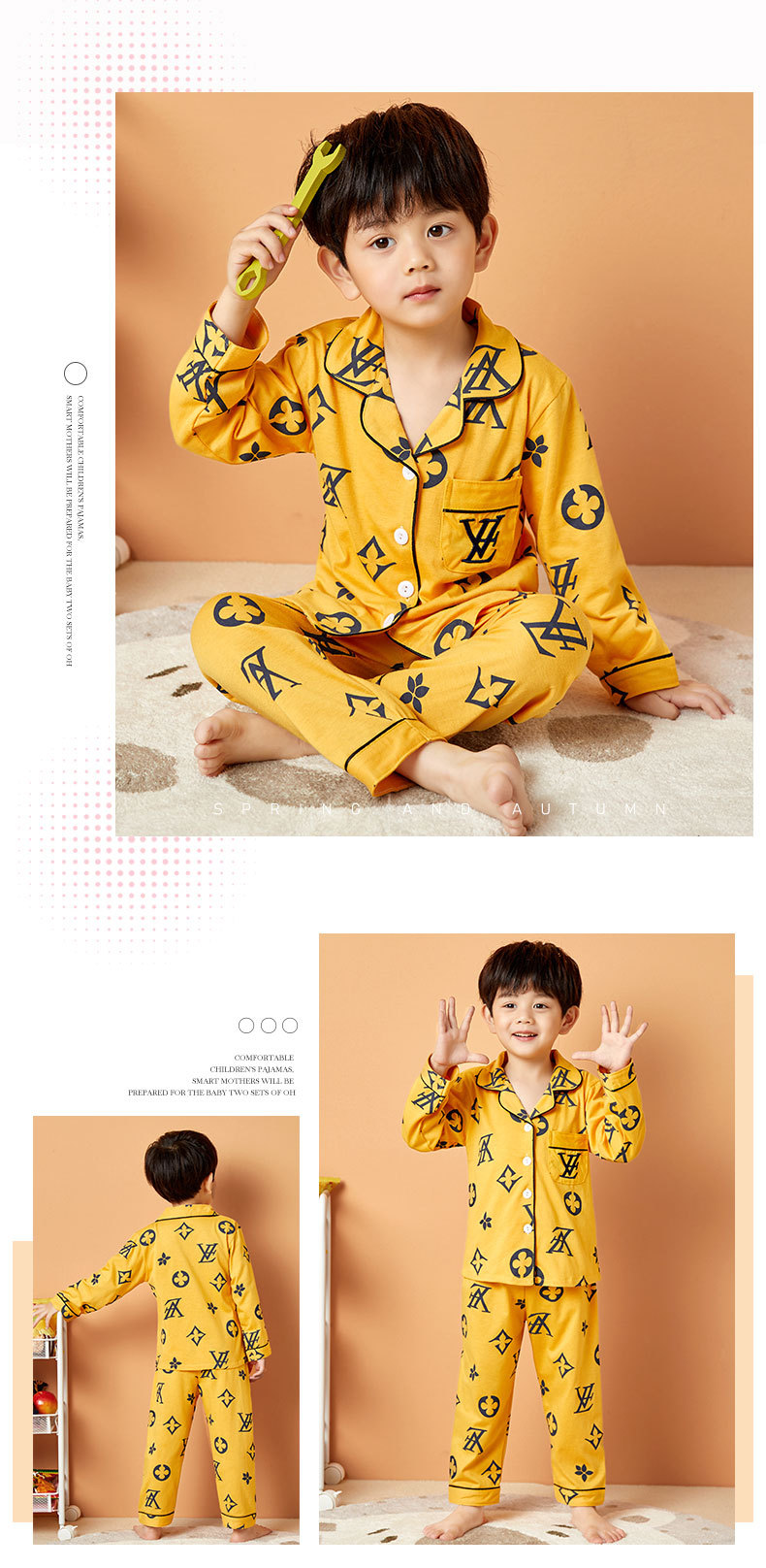 儿童睡衣女孩针织棉春秋冬开衫翻领长袖外贸男工厂宝宝家居服套装详情16