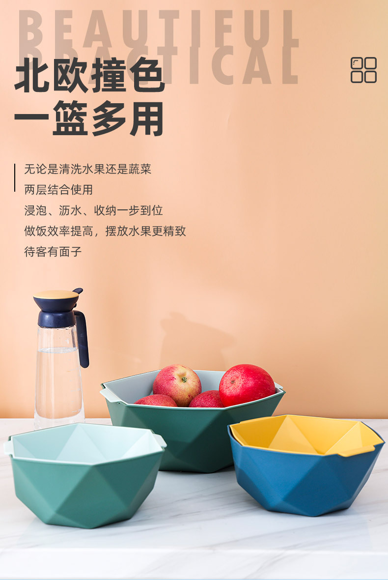 沥水篮家用滤水洗菜篮塑料多功能水果篮子厨房收纳批发双层洗菜盆详情9