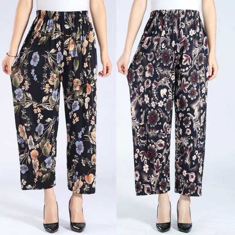 批发夏季冰丝女士九分花裤妈妈裤薄款高腰休闲宽松时尚中老年女裤详情6