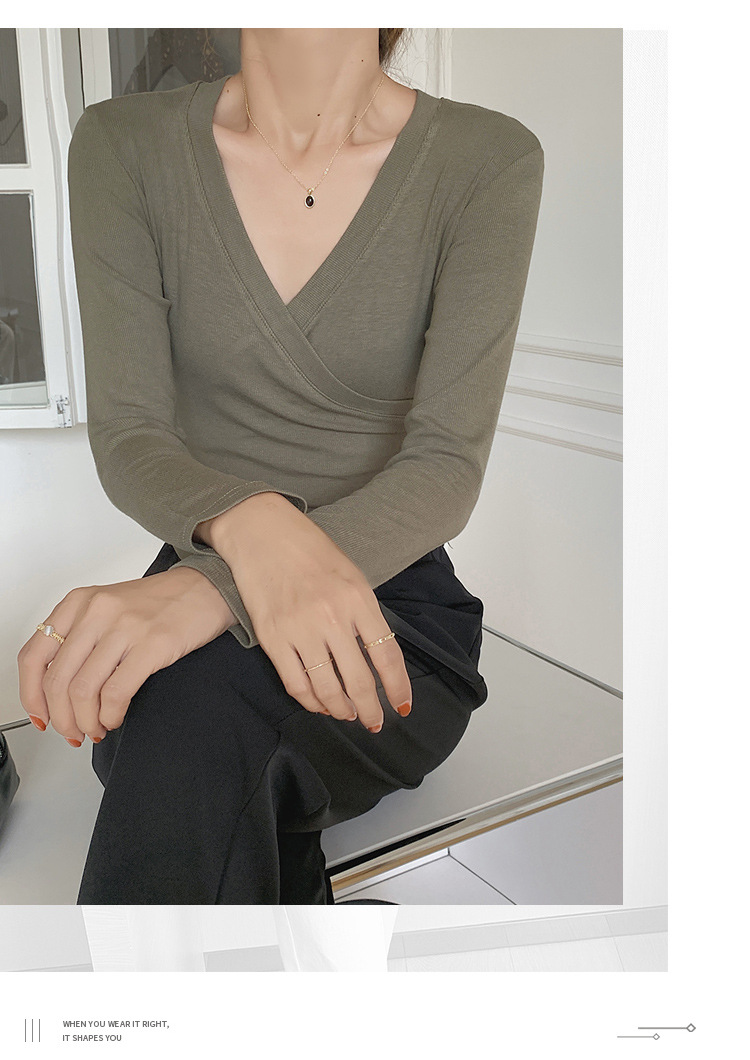 A new French cross-V-neck top for women, featuring a versatile Korean long-sleeved T-shirt with a unique design sense pic 15