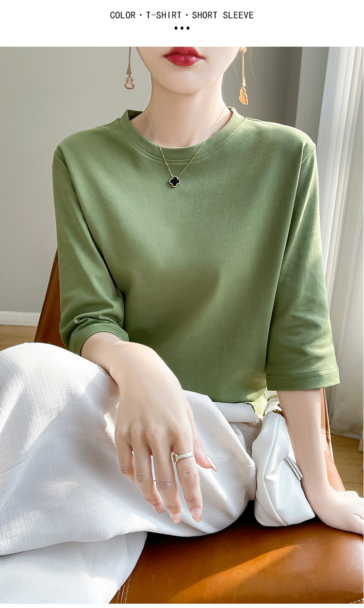 圆领丝光棉七分袖t恤女2024春夏新款气质百搭棉线打底衫半袖女详情35