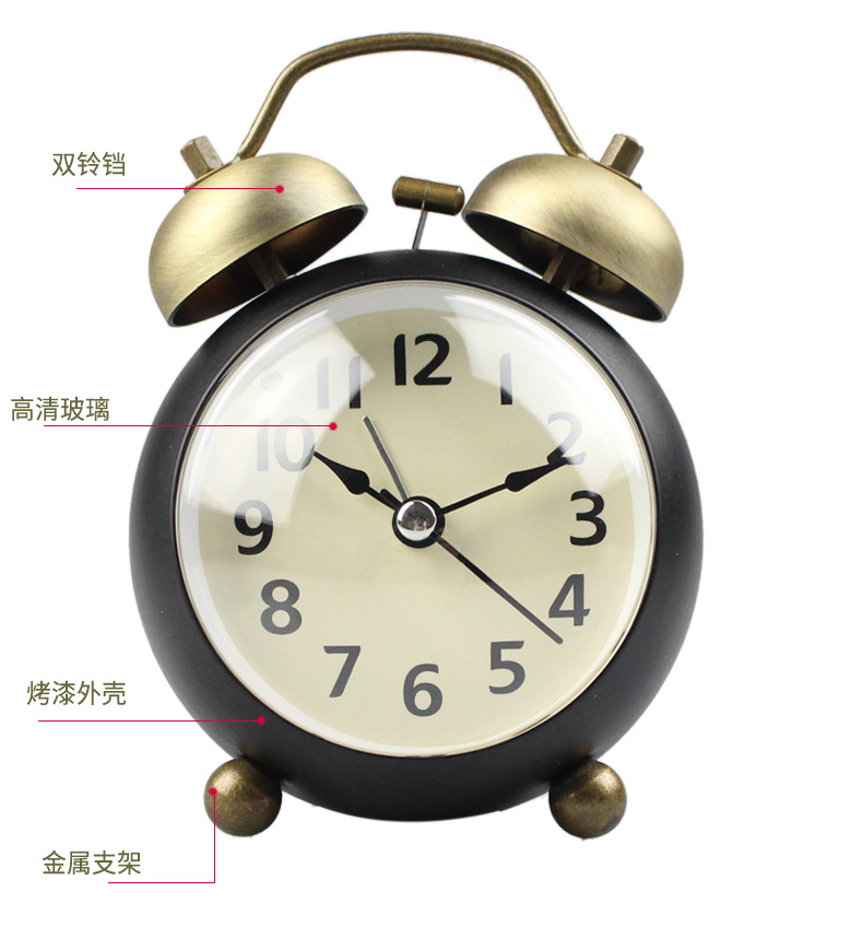A super-loud, retro circular convex bell alarm clock for children, students, home, bedside, silent night light clock pic 9
