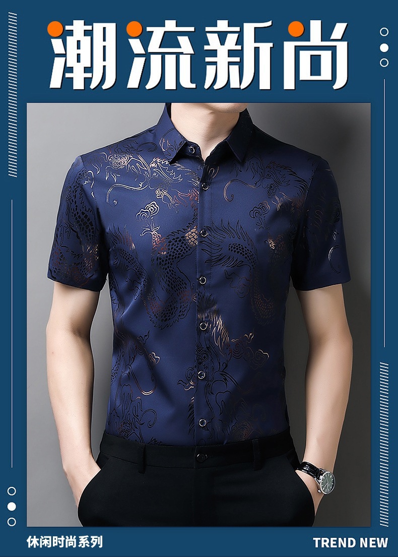 2024 verano de los hombres dragon print shirt fino estilo transpirable moda casual hielo seda fresca manga corta una pieza de reemplazo de cabello pic 3
