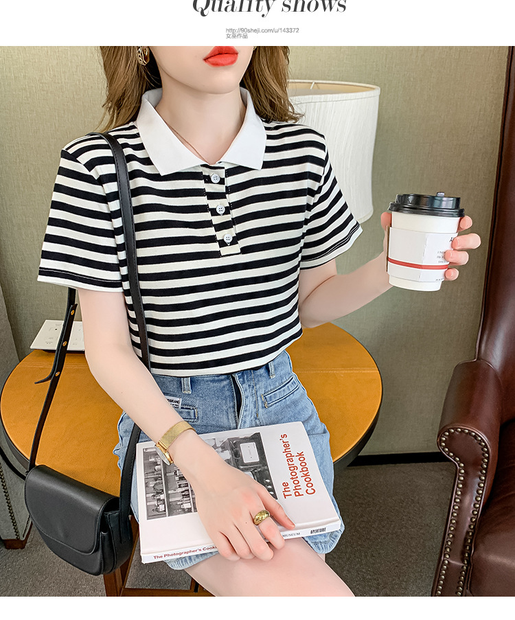 Verano coreano versión rayas mujer commuter patchwork color polo cuello manga corta camiseta mujer diseño sentido moda legging pic 23