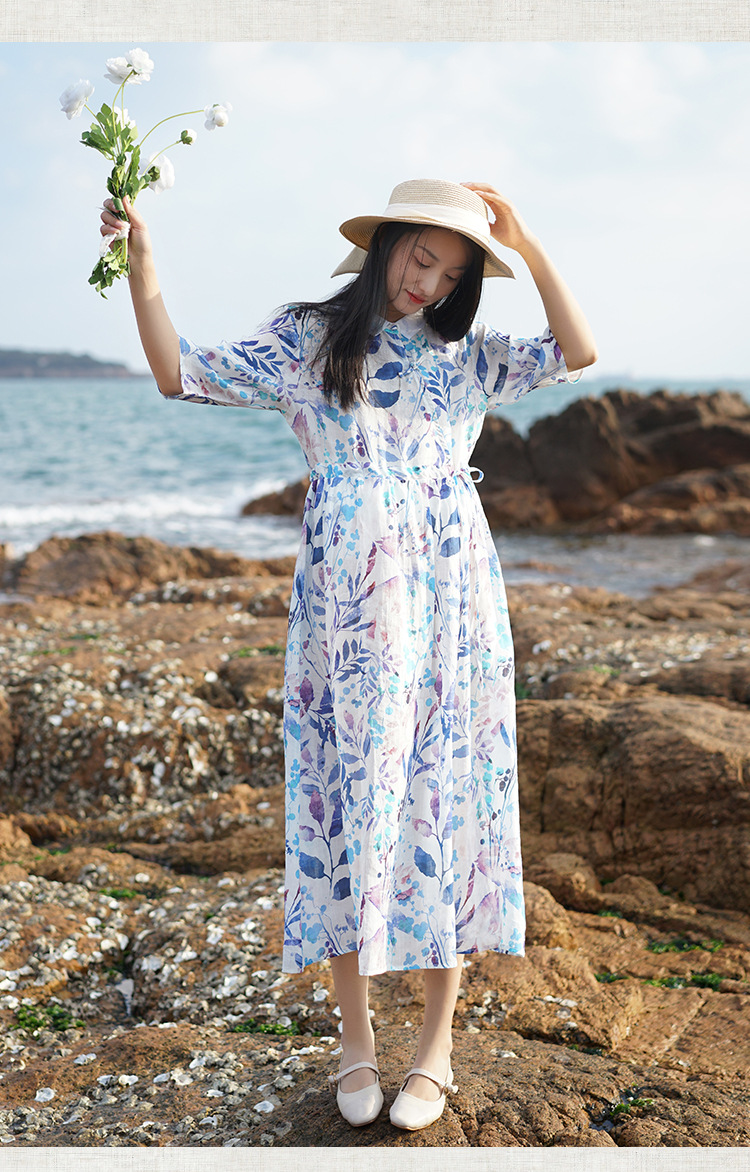 新中式棉麻女装2023春夏季新款碎花连衣裙女翻领显瘦女士苎麻长裙详情22