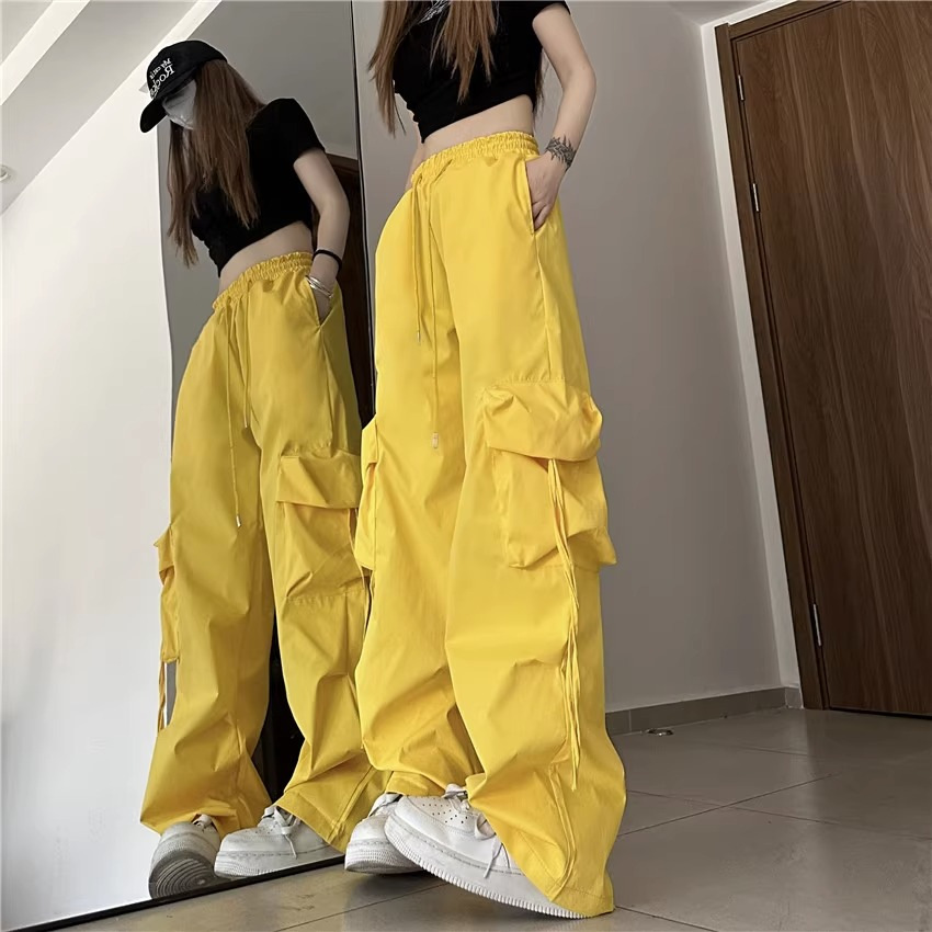 美式复古小众工装裤女立体口袋高腰直筒阔腿飘带宽松休闲拖地长裤详情3